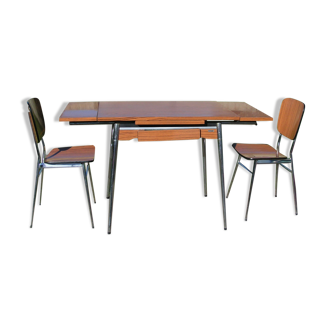 Table and its 2 chairs in brown formica Supermatic