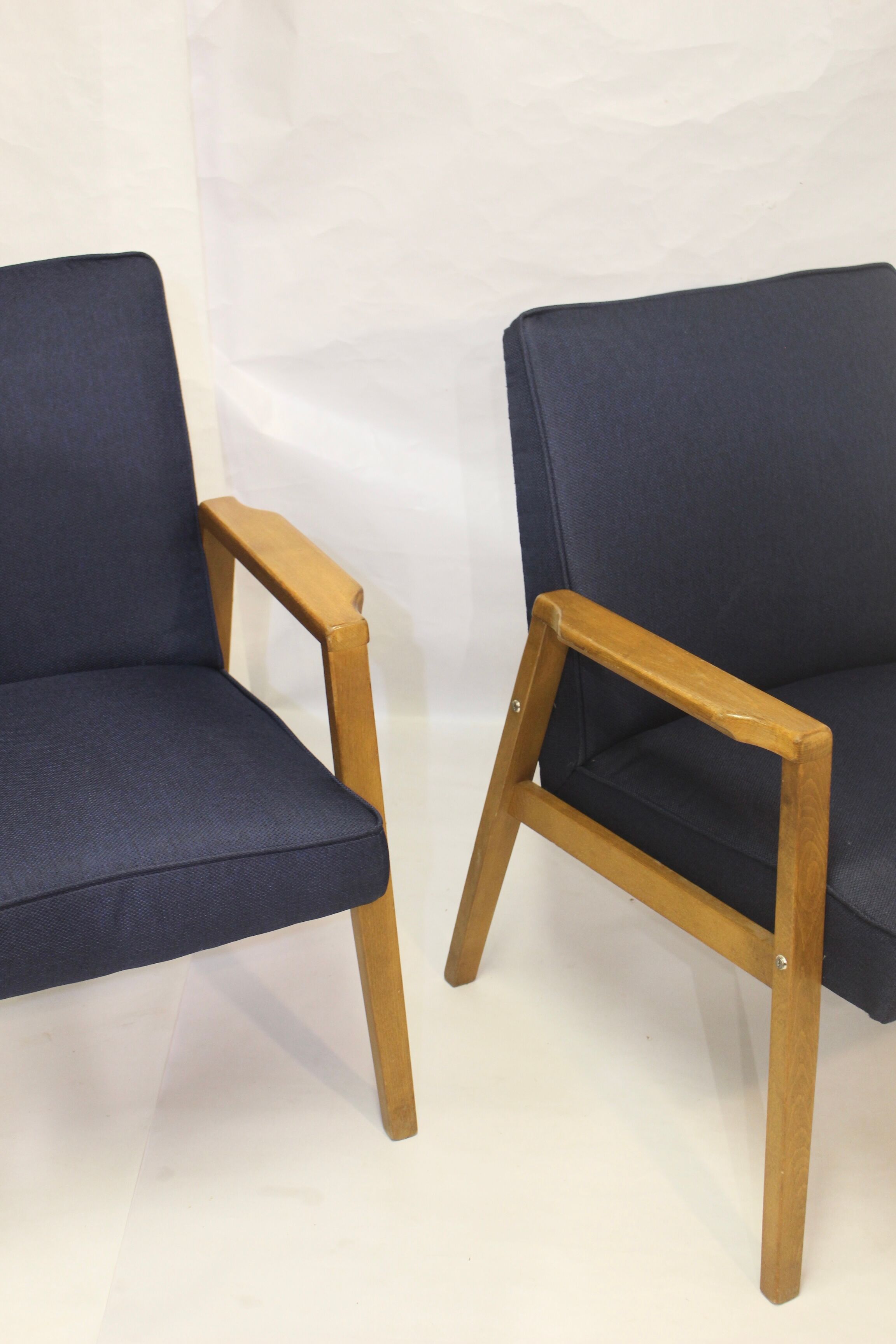 Pair of Scandinavian armchairs 60s restored deep blue gloved fabric.