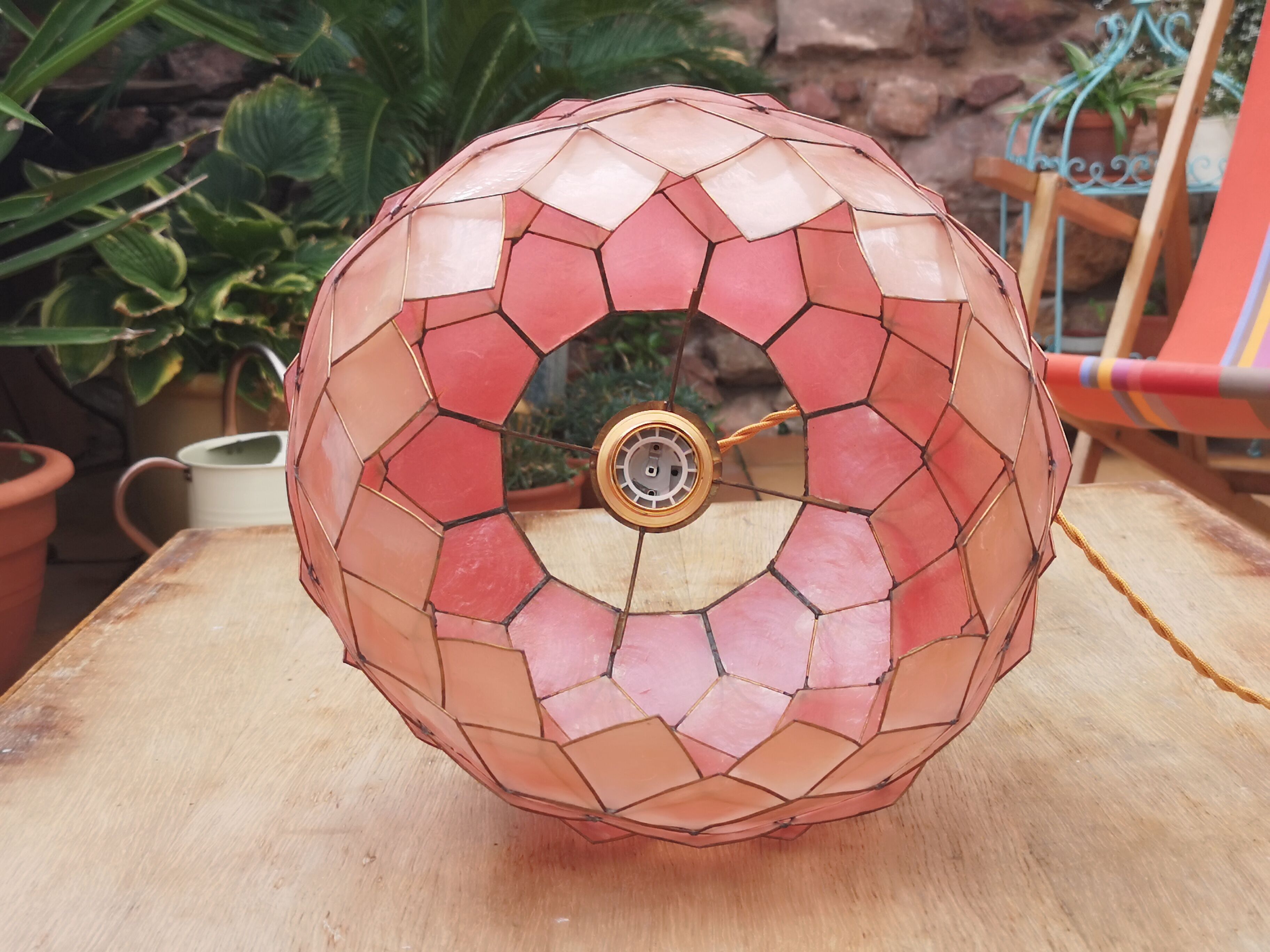 Vintage hanging lamp mother-of-pearl lotus flower and rose-degrading brass