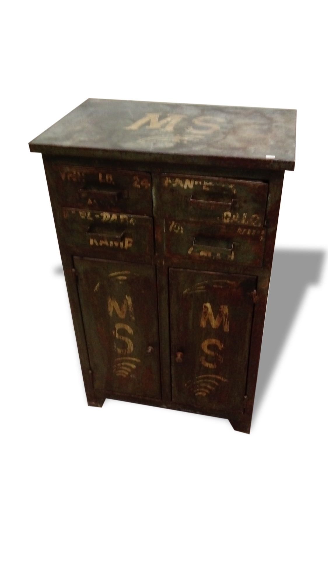 Patinated metal workshop furniture.