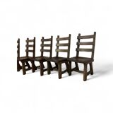 6 x Brutalist oak dining chairs / Belgium 1970s
