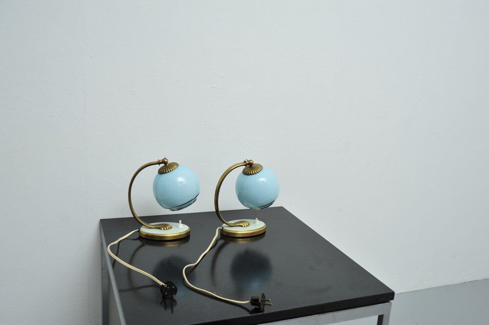 Set of 2x Bedside lamps with blue glass and bronze feet, 1930s