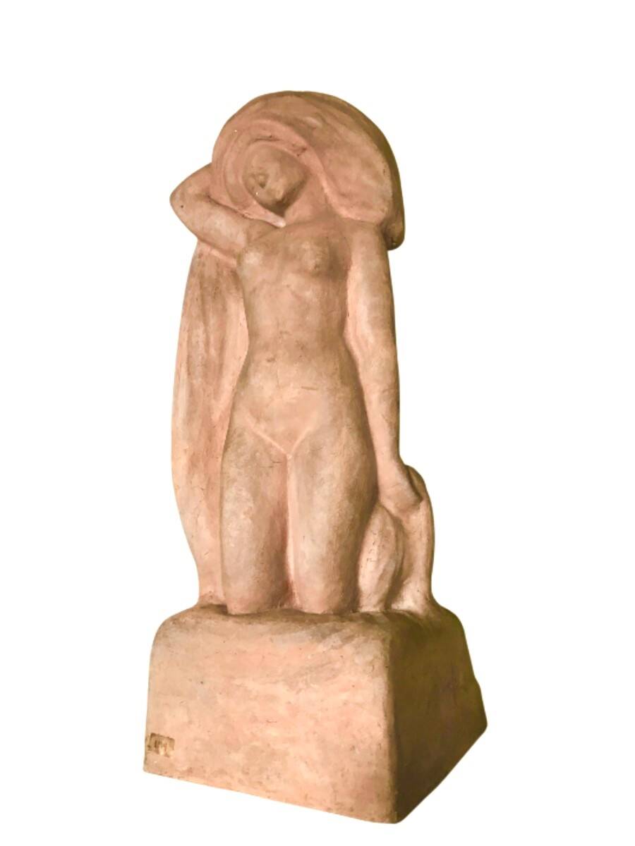 Terracotta Sculpture, Nude Bather, Signed Alfred Jean Halou, Early 20th Century 1910/1920