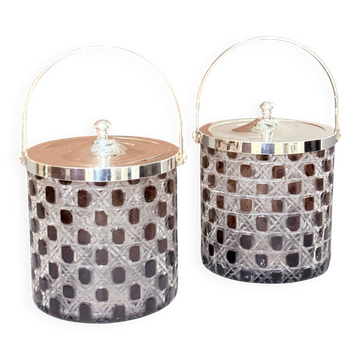 Pair of biscuit tins, vintage ice buckets in cut crystal and silver-plated metal.