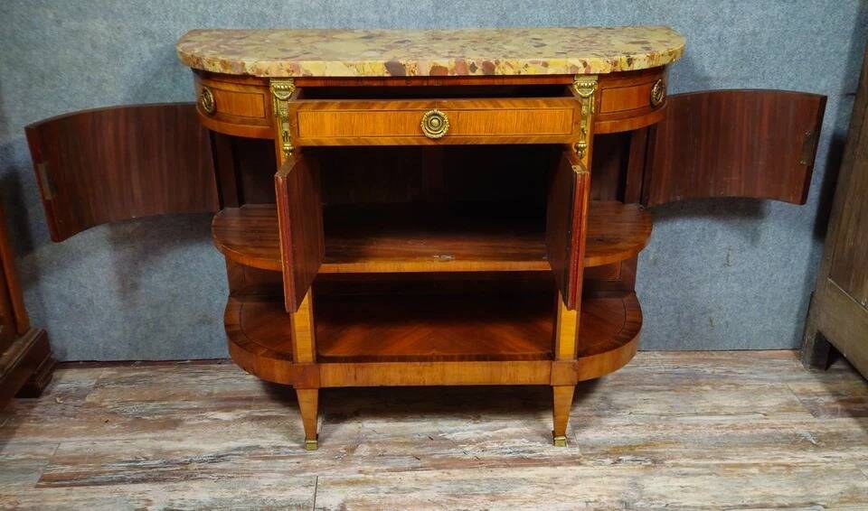 Commode / Half-moon sideboard inlaid – Marble top – Louis XVI style -