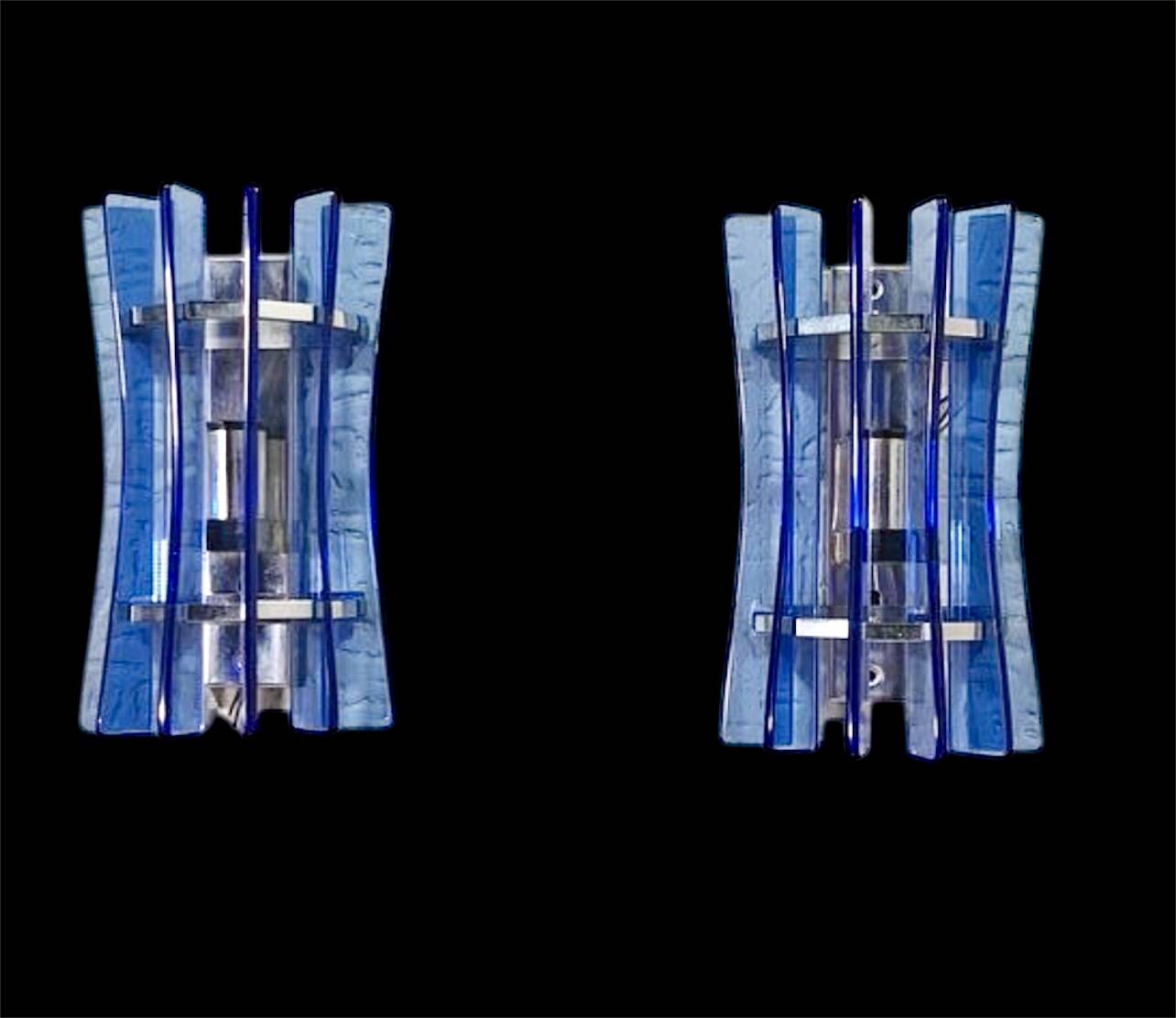 Veca wall lights blue glass chrome structure space age, 1960s