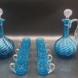 Cabaret Portieux liqueur service with 10 blue and clear glasses.