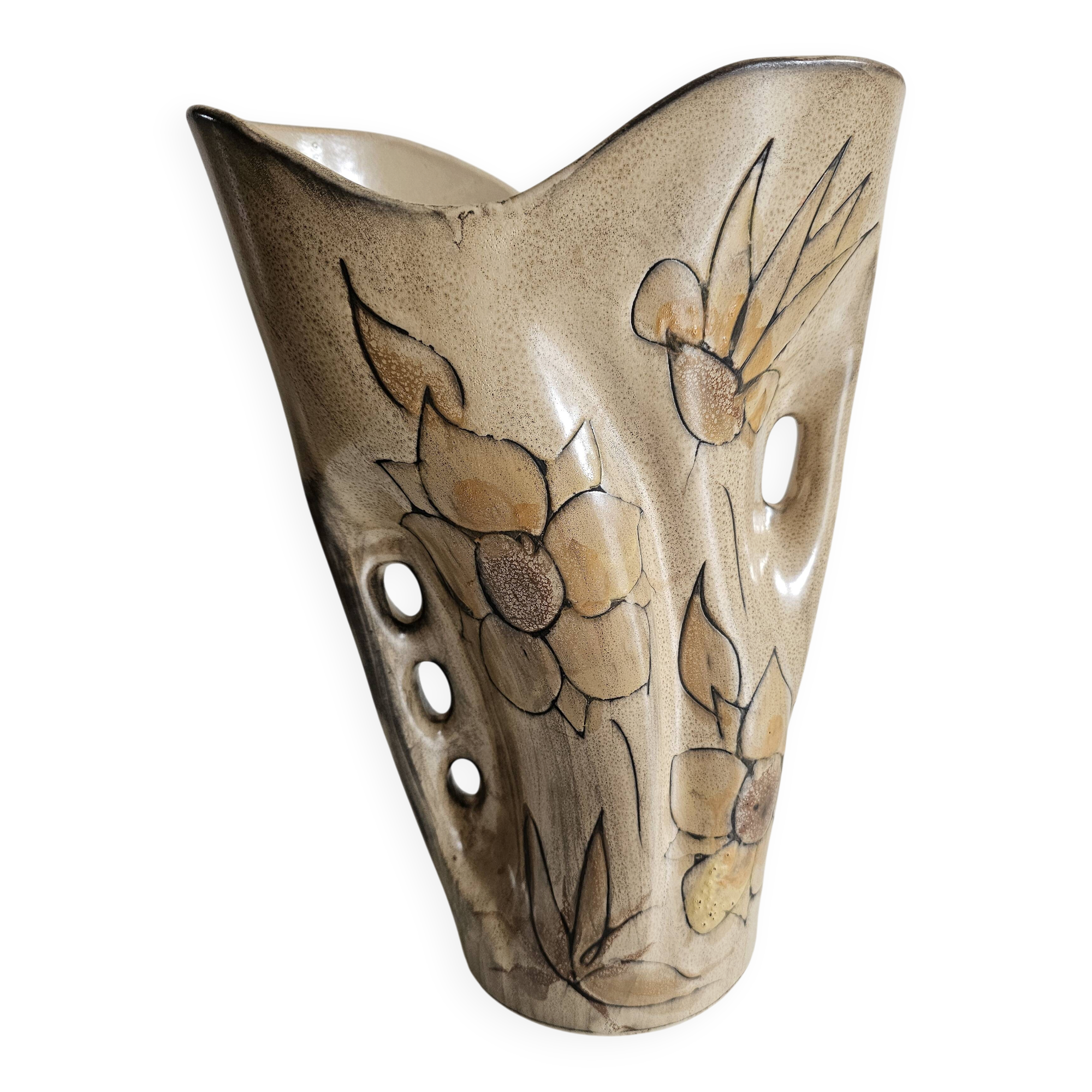 Large ceramic vase with floral pattern in the style of Vallauris.