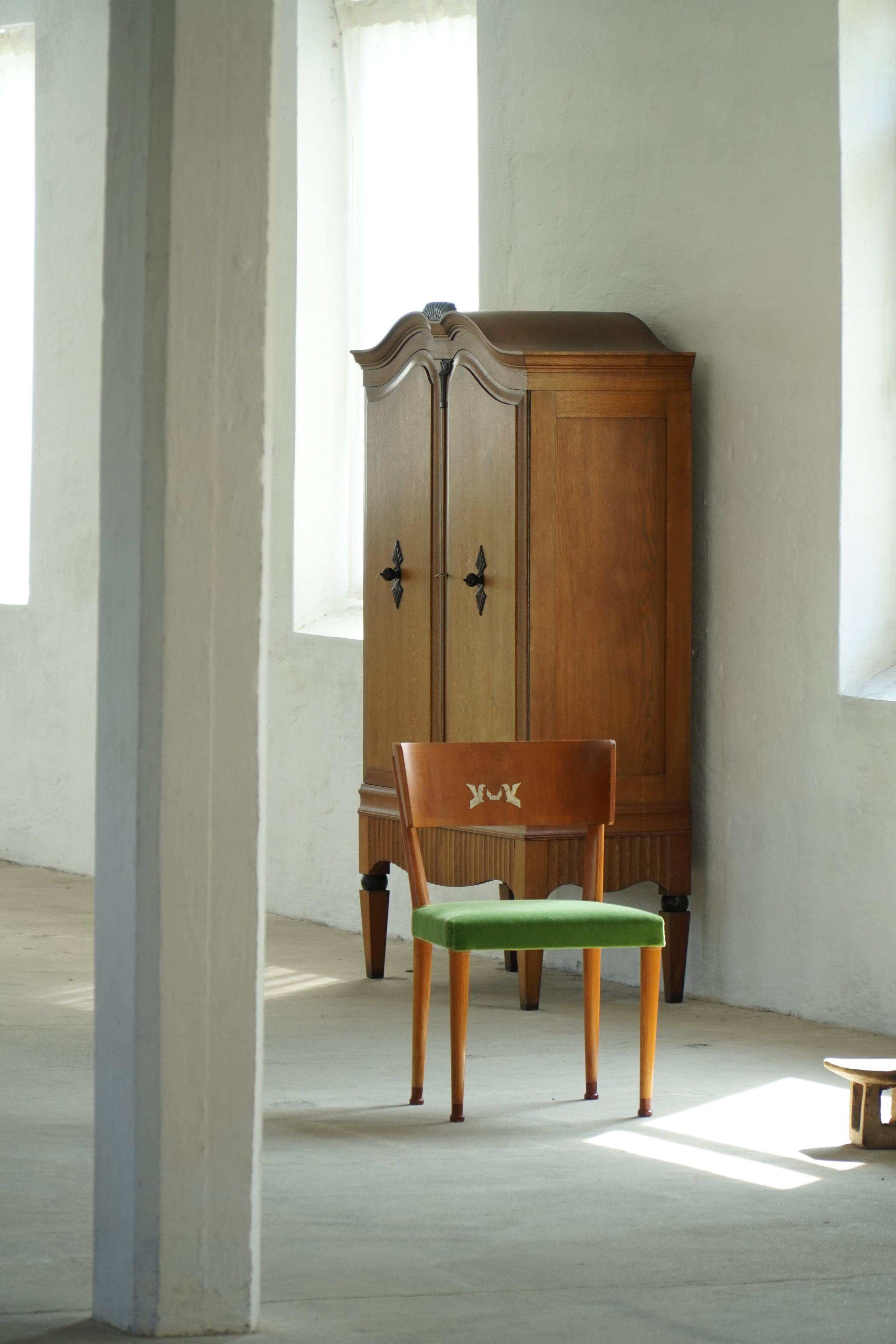 Swedish Art Deco, set of 6 "klismos" chairs, birch and mohair, griffin inlays, 1930s.