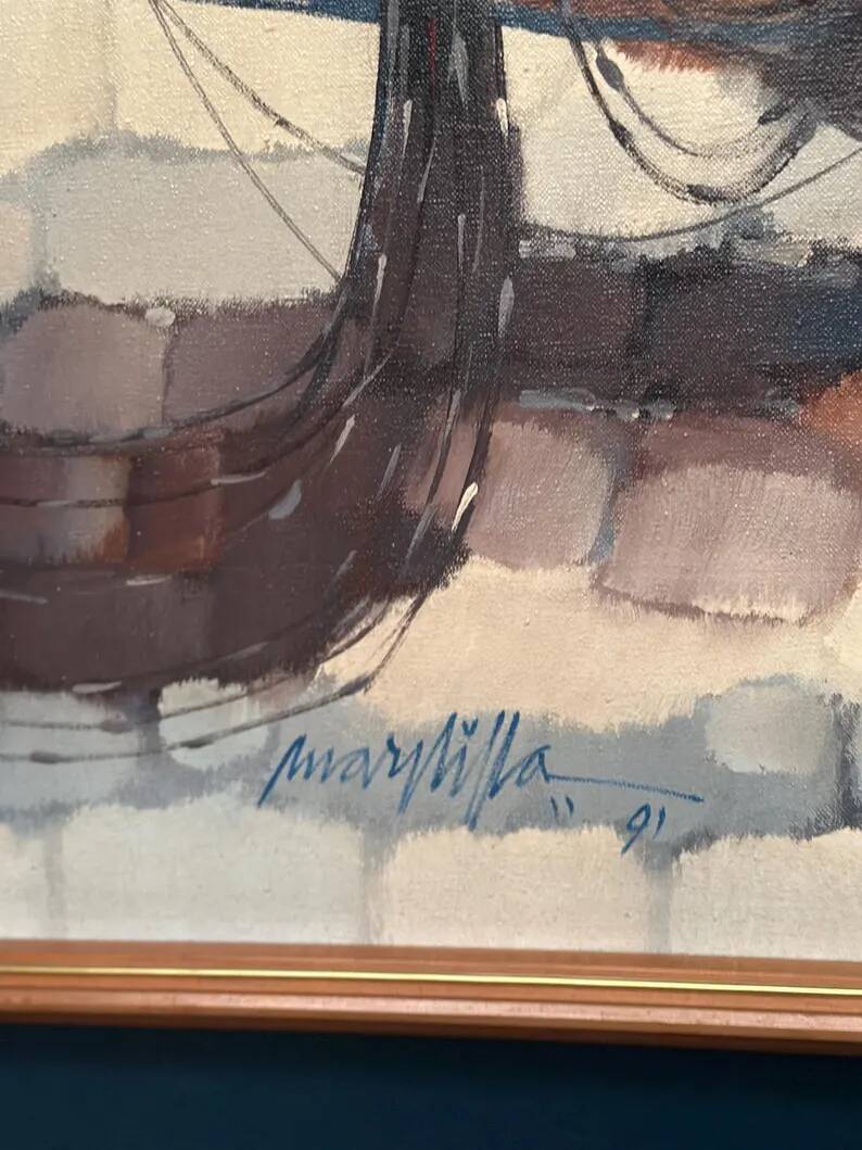 Swedish Oil on Panel"Fishermen" by Marylilla , Vintage and Framed