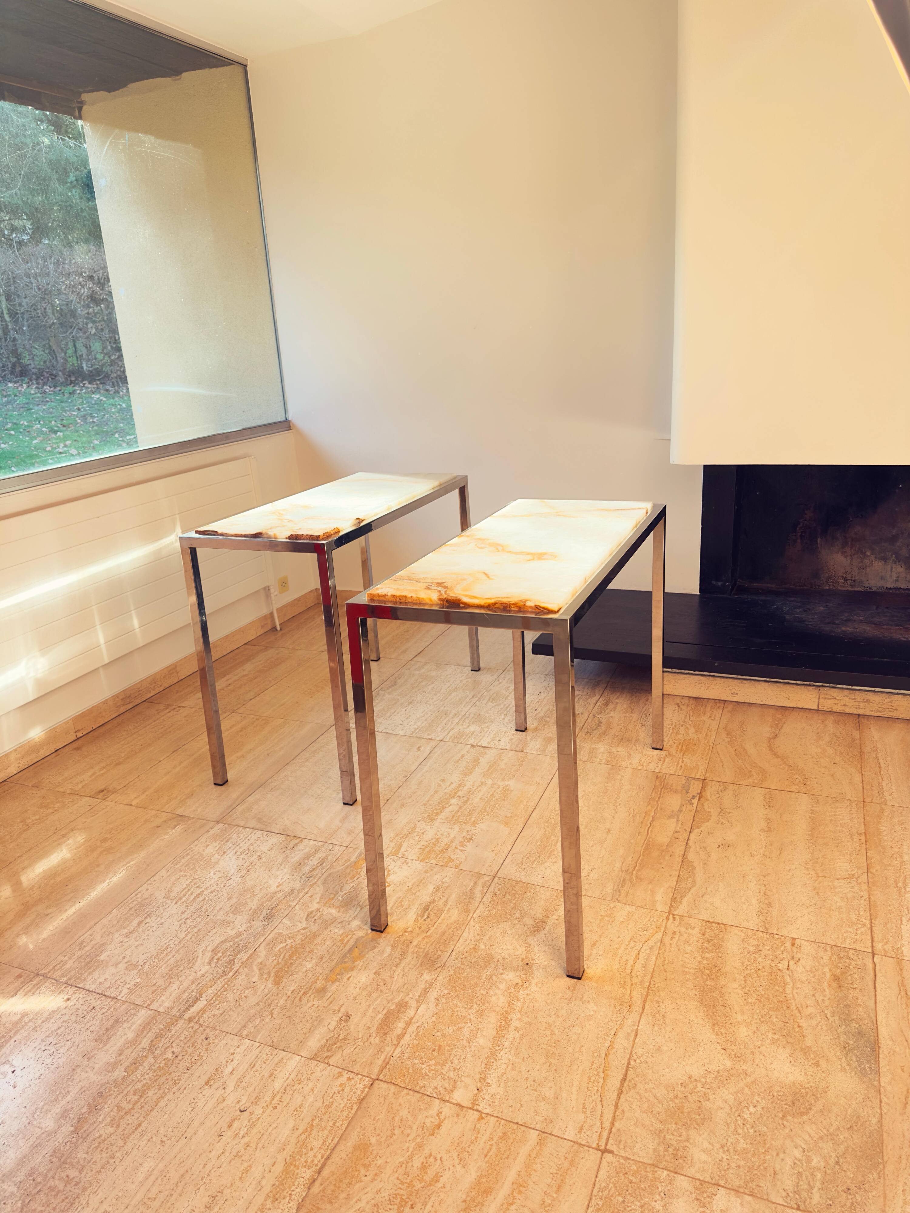 Pair of Italian Console Tables in Marble and Chrome, 1970s