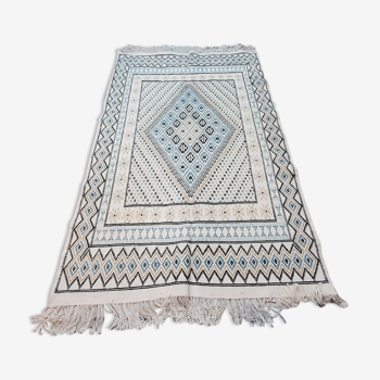 White and blue moroccan wool handmade carpet - 240x150cm