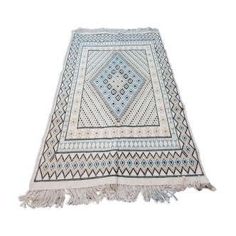 White and blue moroccan wool handmade carpet - 240x150cm