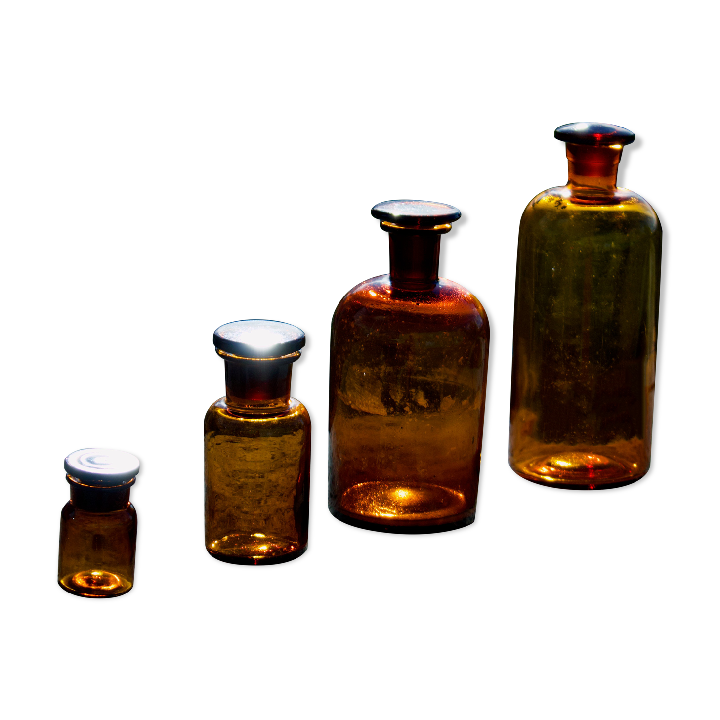 4 old apothecary bottles / amber glass pharmacy in perfect condition dated before 1960