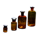 4 ancien flacons d'apothicaire / pharmacie en verre ambré en parfait état daté avant 1960