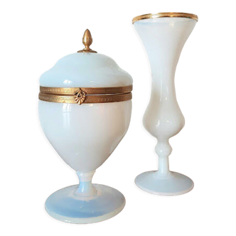 Bonbonnière and vase in opaline Charles X gilded metal