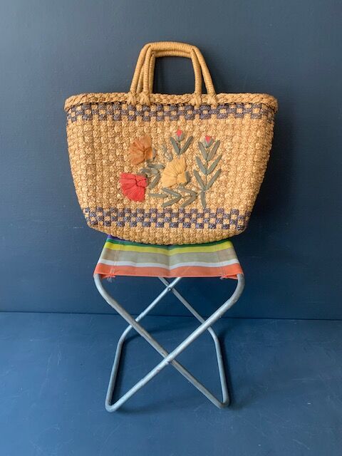 Vintage folding beach stool, stripe, nylon, 1960