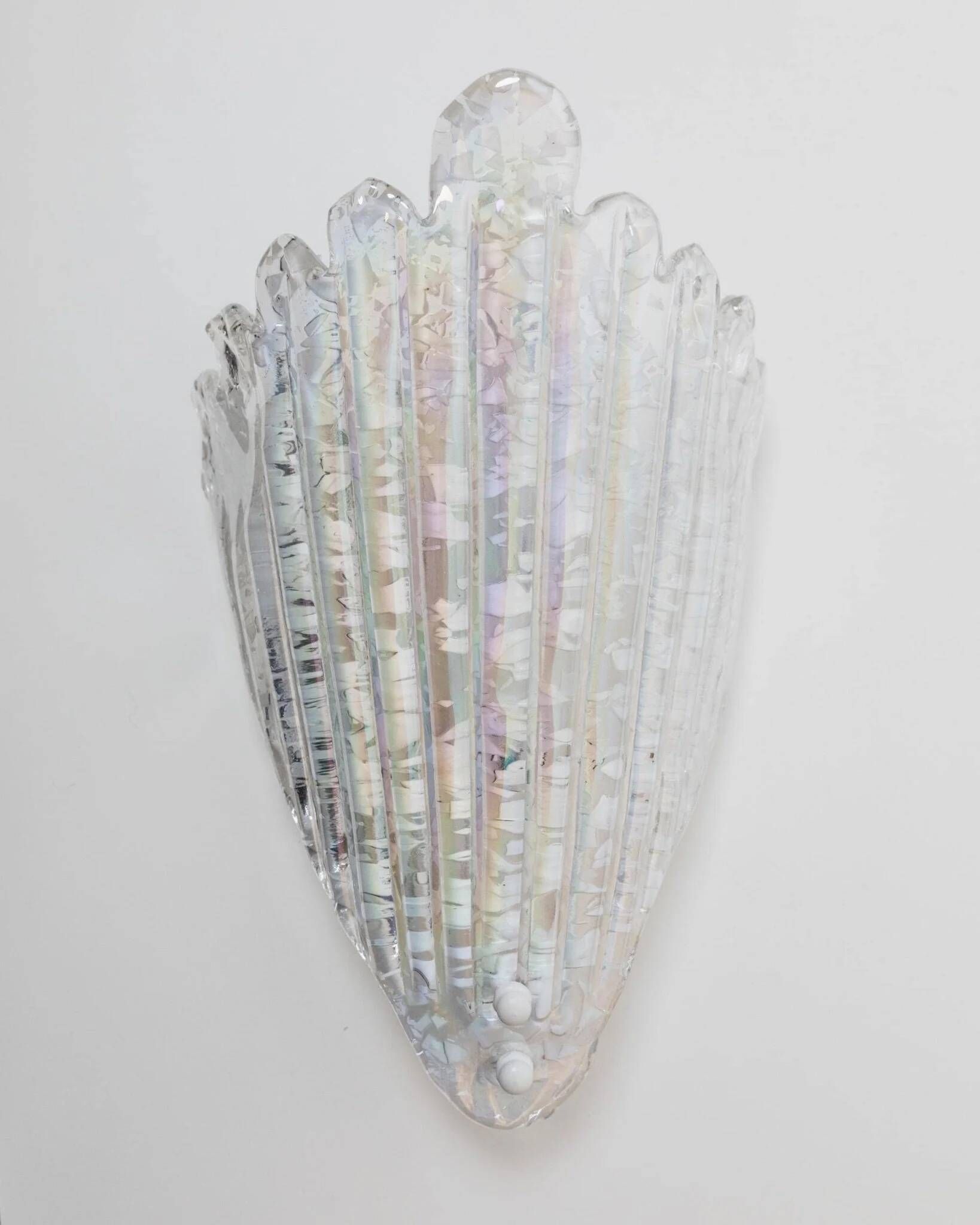 Vintage Murano Glass Shell Wall Lamp in Opal White with Gold Metal Backplate, Italian 1970s Design