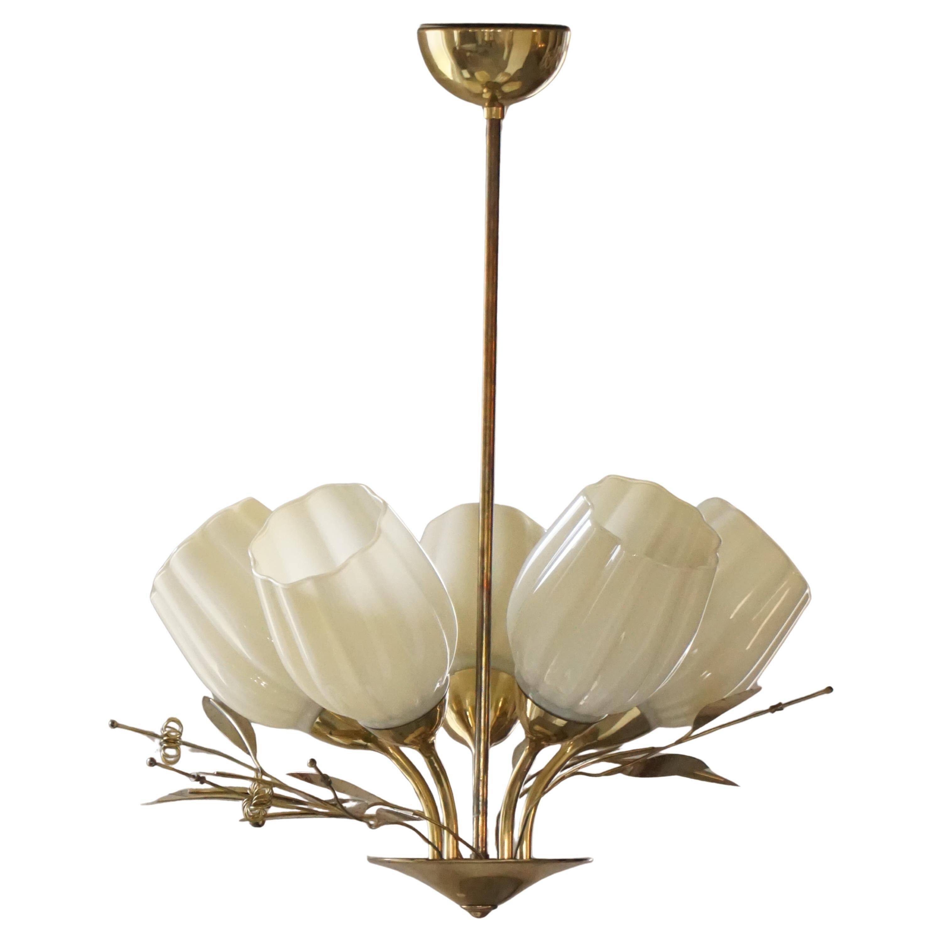 Ceiling lamp with five lights in mid-century modern style, opal glass shade, Itsu, Finland.