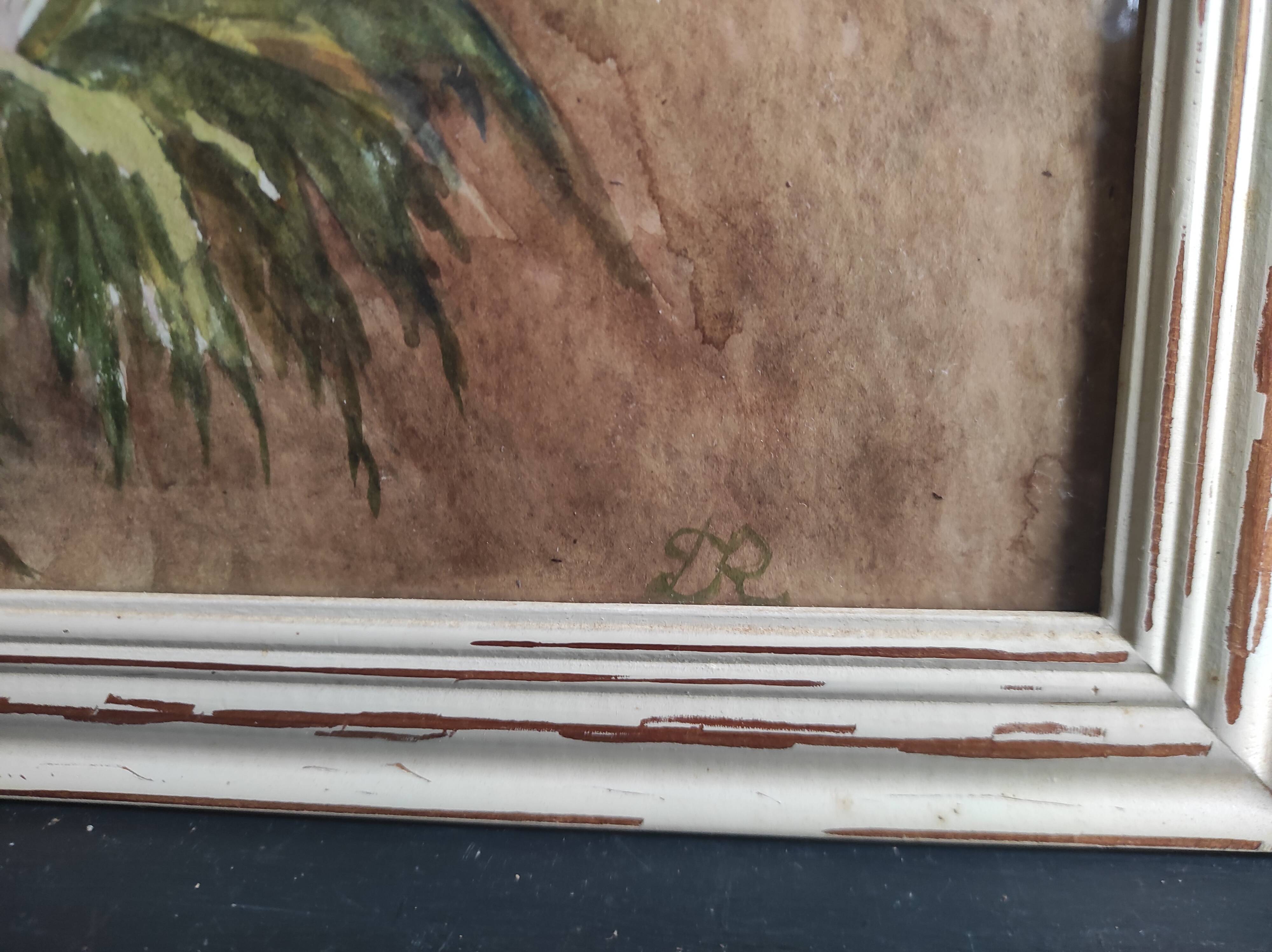 French watercolour of flowers, poppies, signed DR