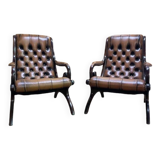 Paire de fauteuils Chesterfield anglais en cuir