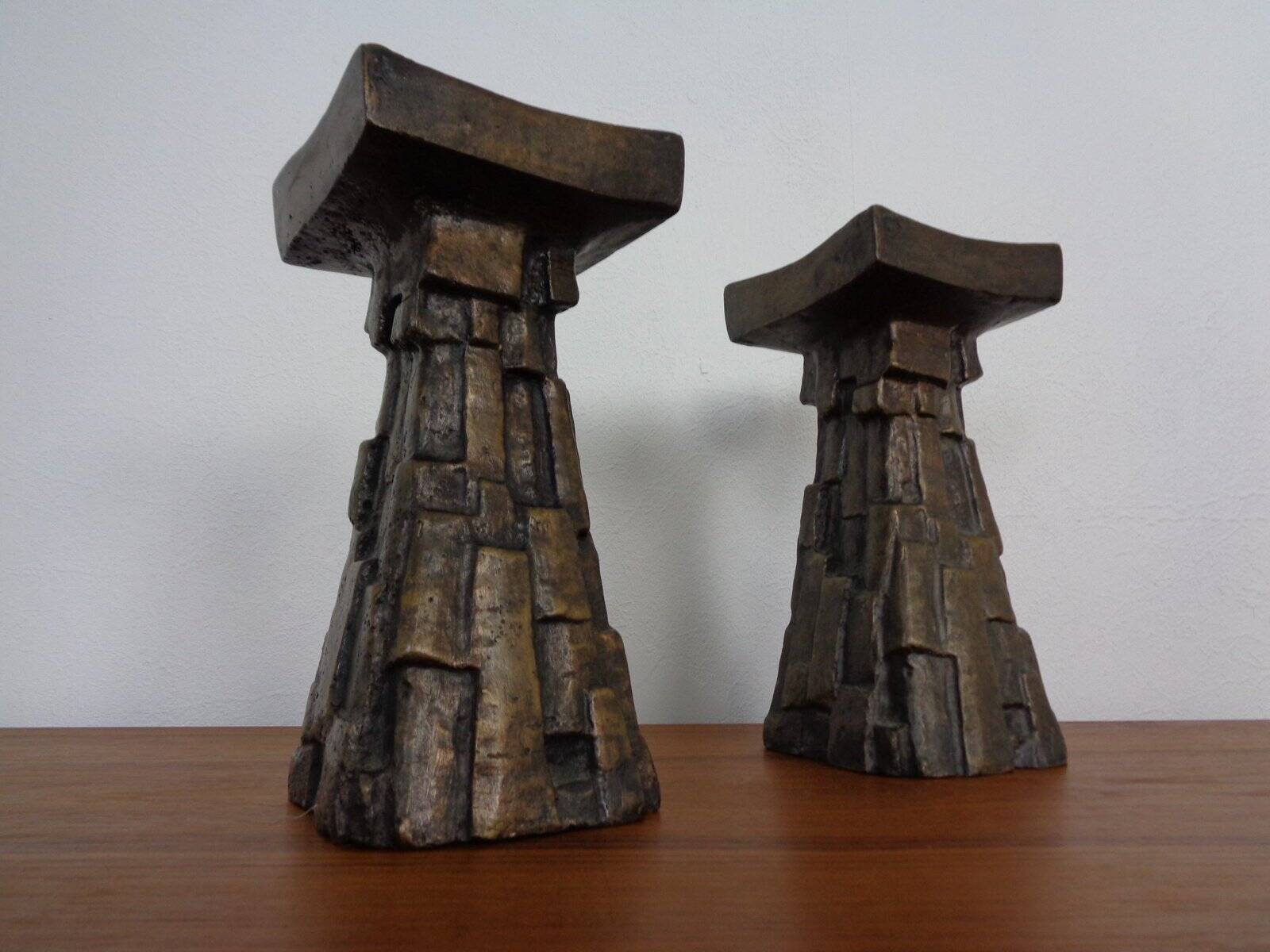 Large Brutalist German Bronze Candleholders, 1960s, Set of 2