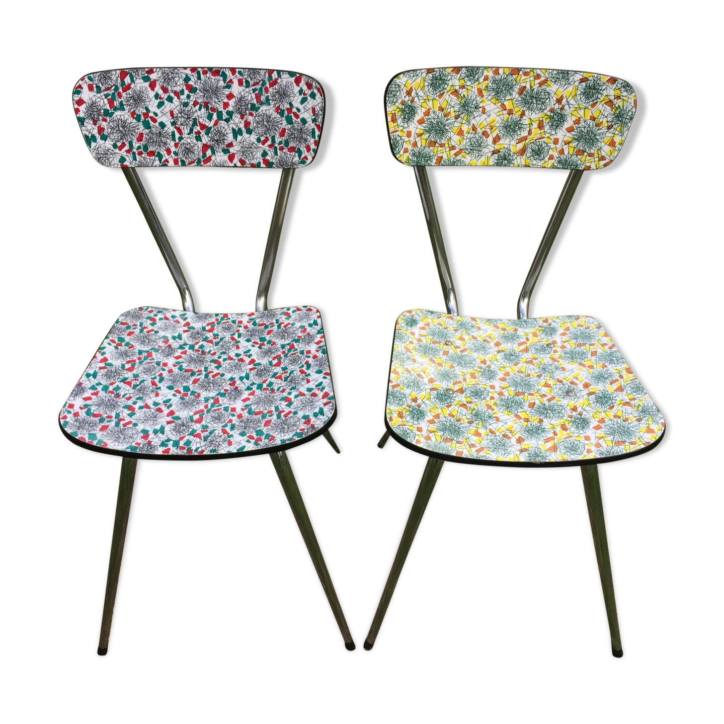 Duo of chairs formica patterns flowers graffiti