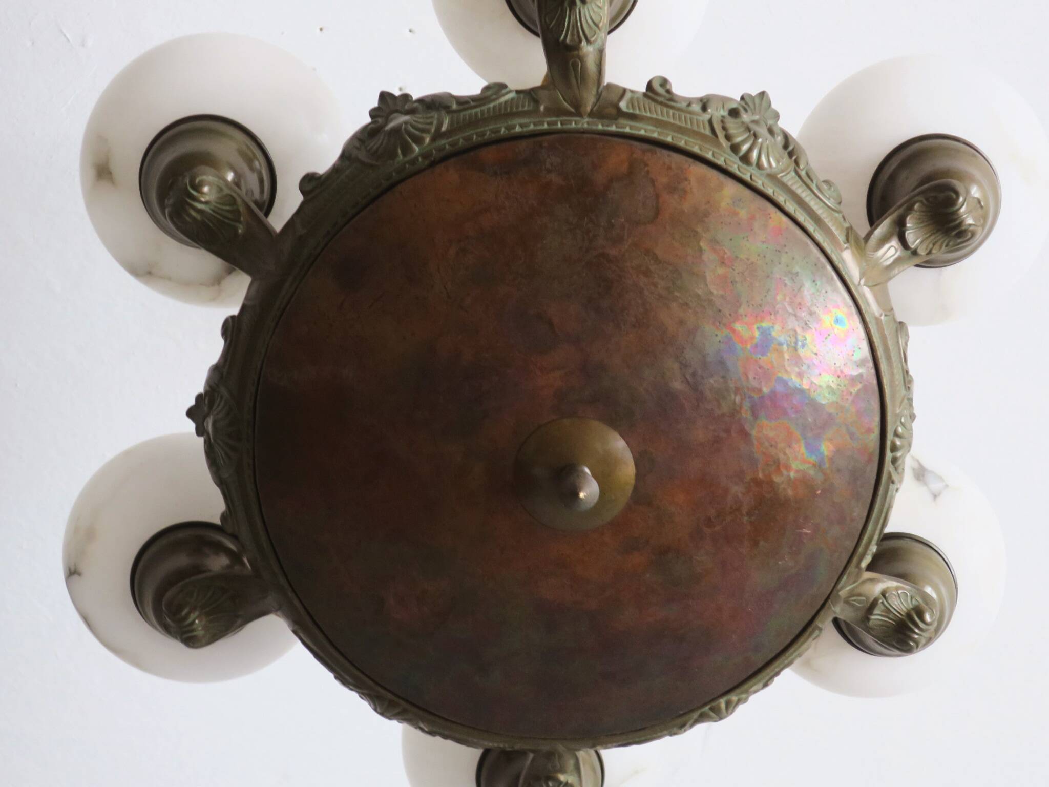 Antique bronze and alabaster 6-light chandelier, 1910