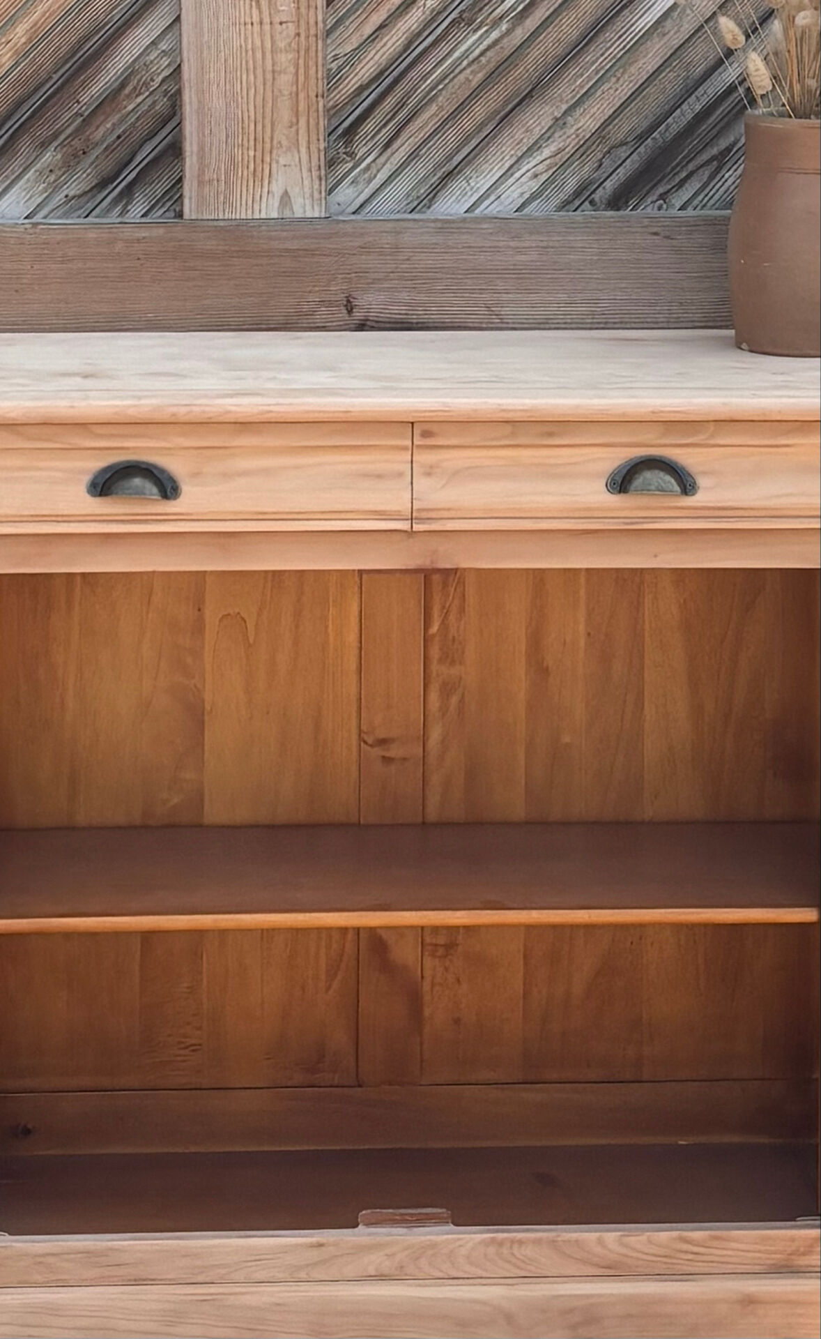 Narrow buffet renovated in raw solid wood / entrance console with 2 drawers