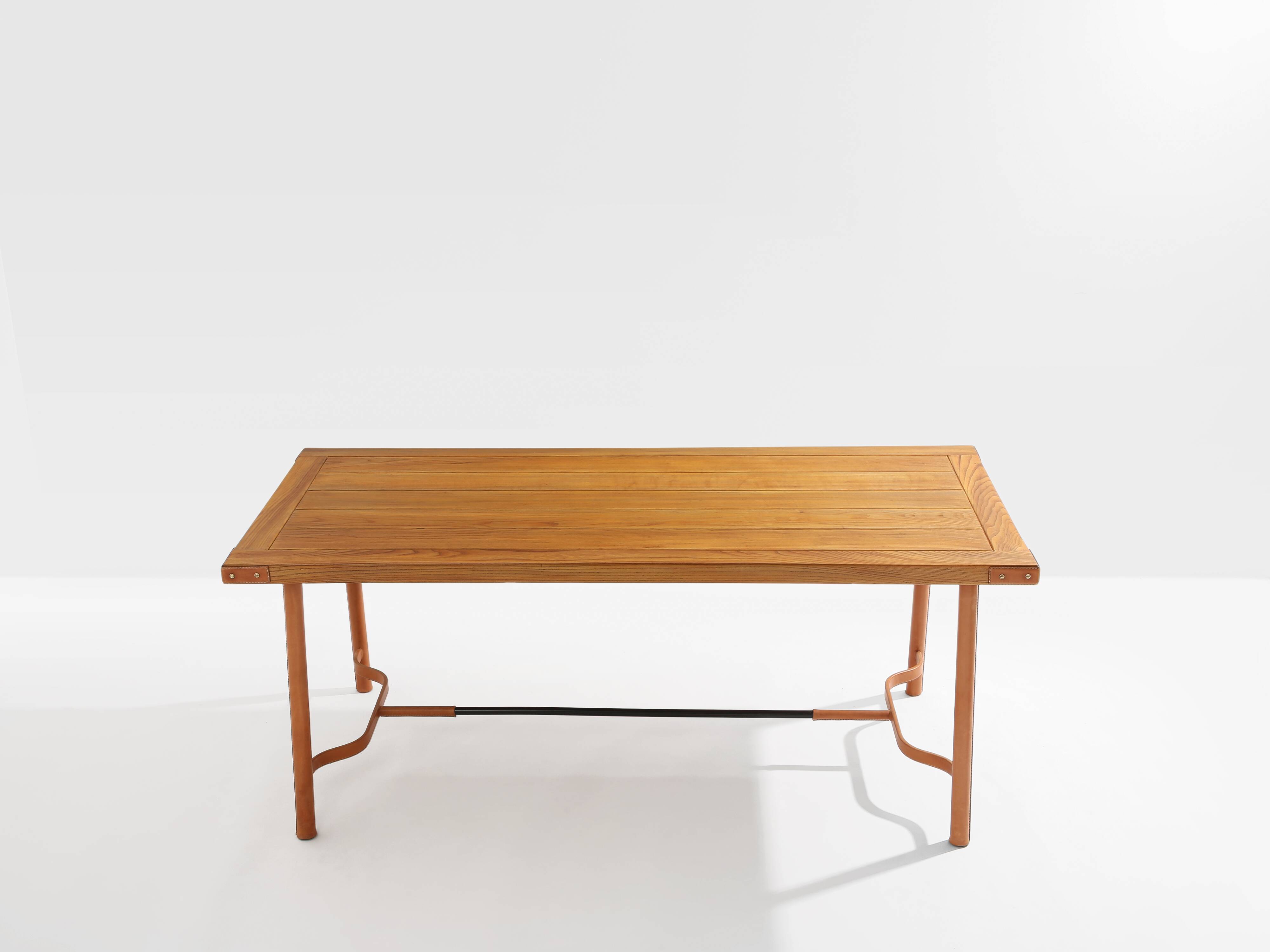 Jacques Adnet dining table oak red leather brass 1950