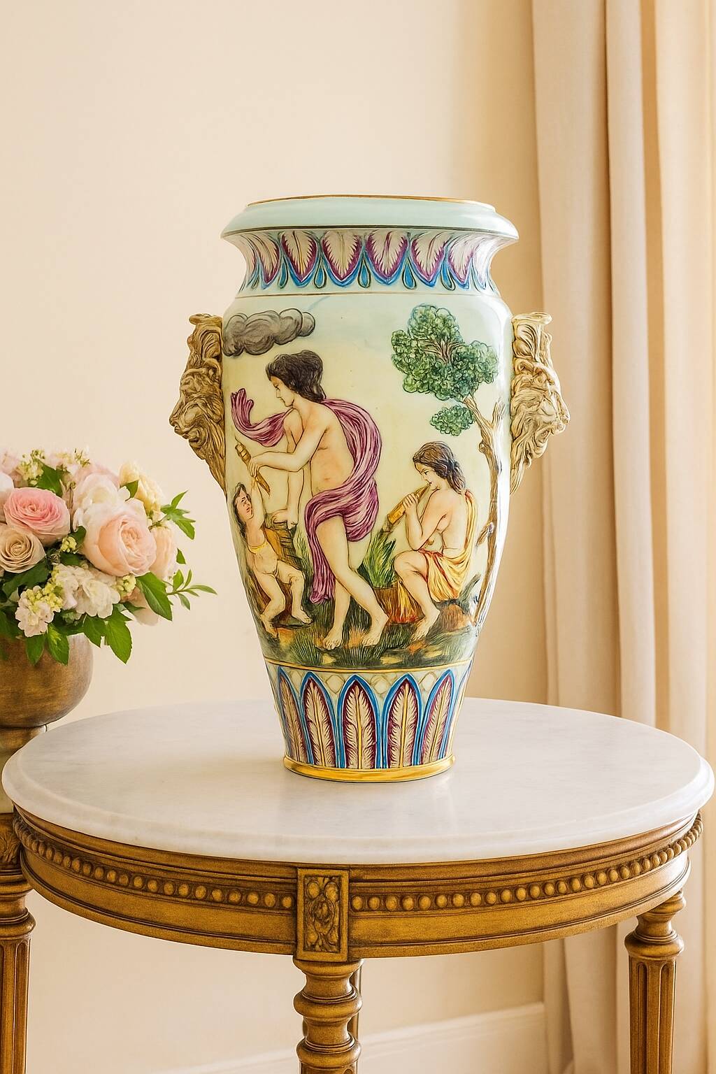 Large vase signed Capodimonte, Italy 1980s – Antique scene and lion heads