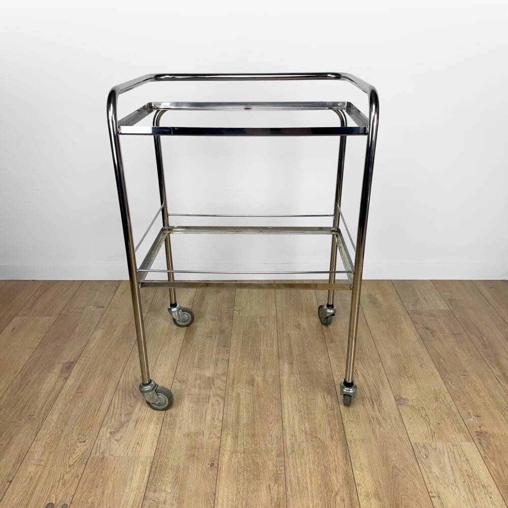 Modernist chrome and vintage frosted glass serving trolley