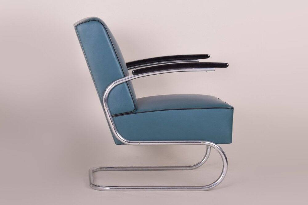 Art Deco Tubular Armchair in Chrome-Plated Steel & Blue Leather attributed to Mücke-Melder, 1930s