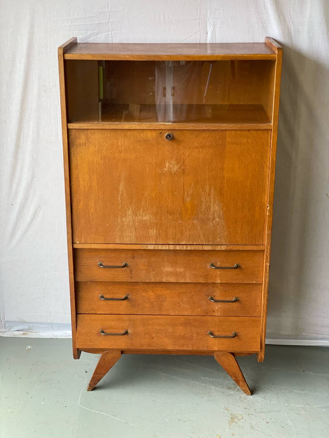 Vintage Scandinavian wooden secretary with display cabinet, desk and drawers
