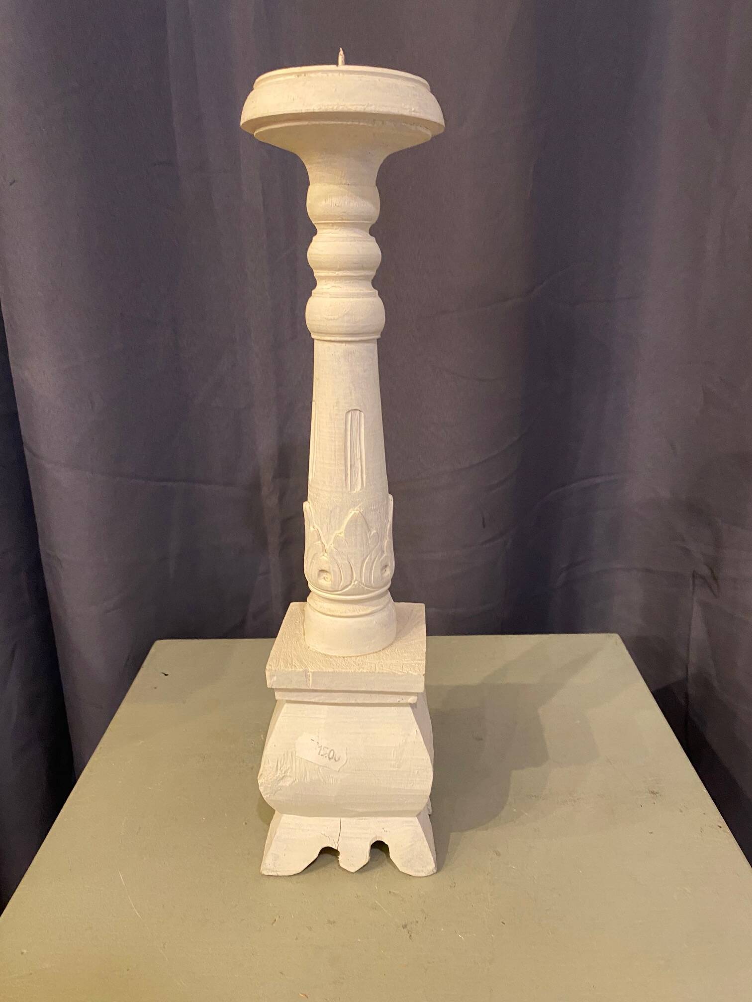 Large table candle holder candlestick in white patina wood for round candle