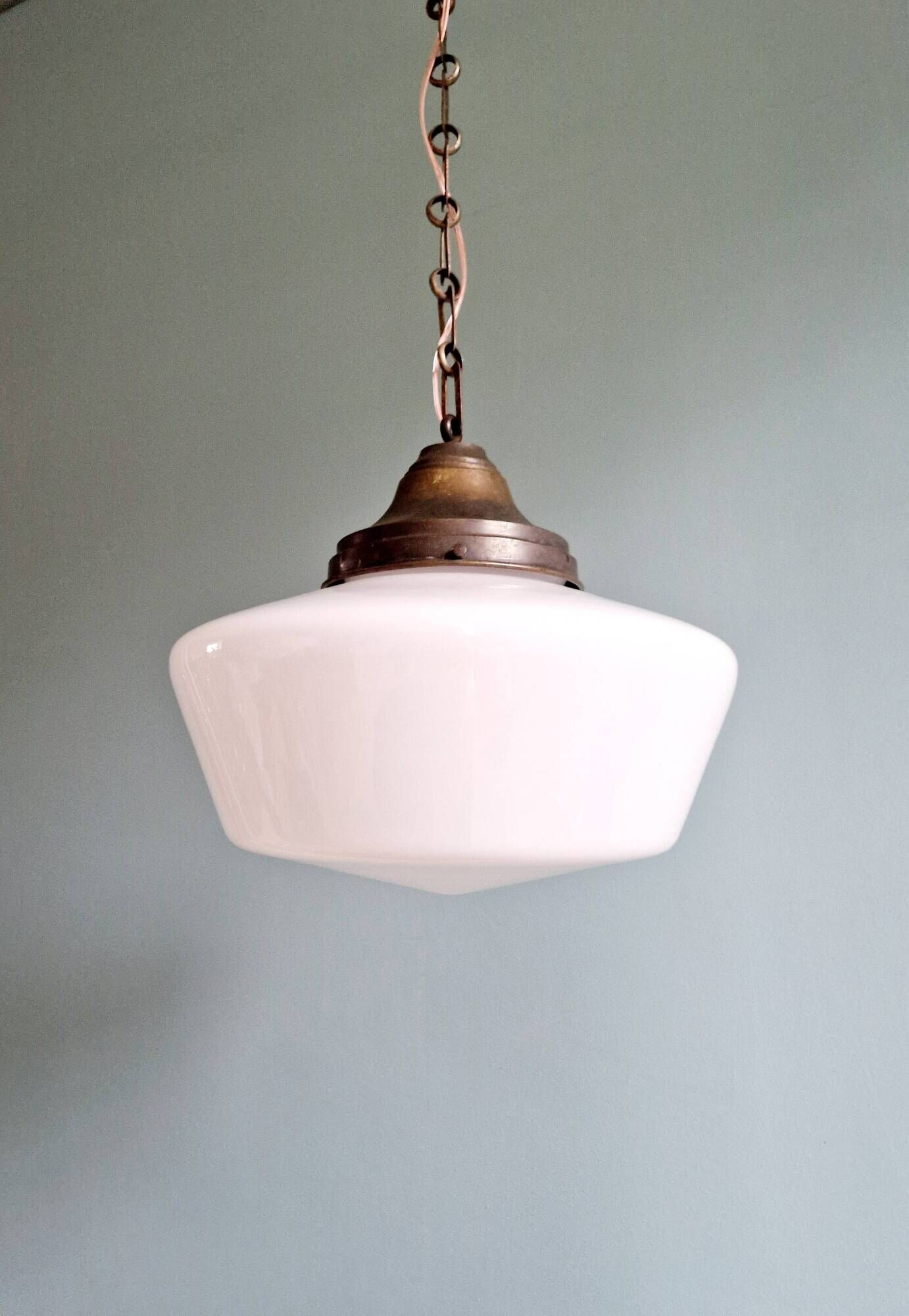 Large Art Deco pendant light in conical white opaline, 1920s-30s