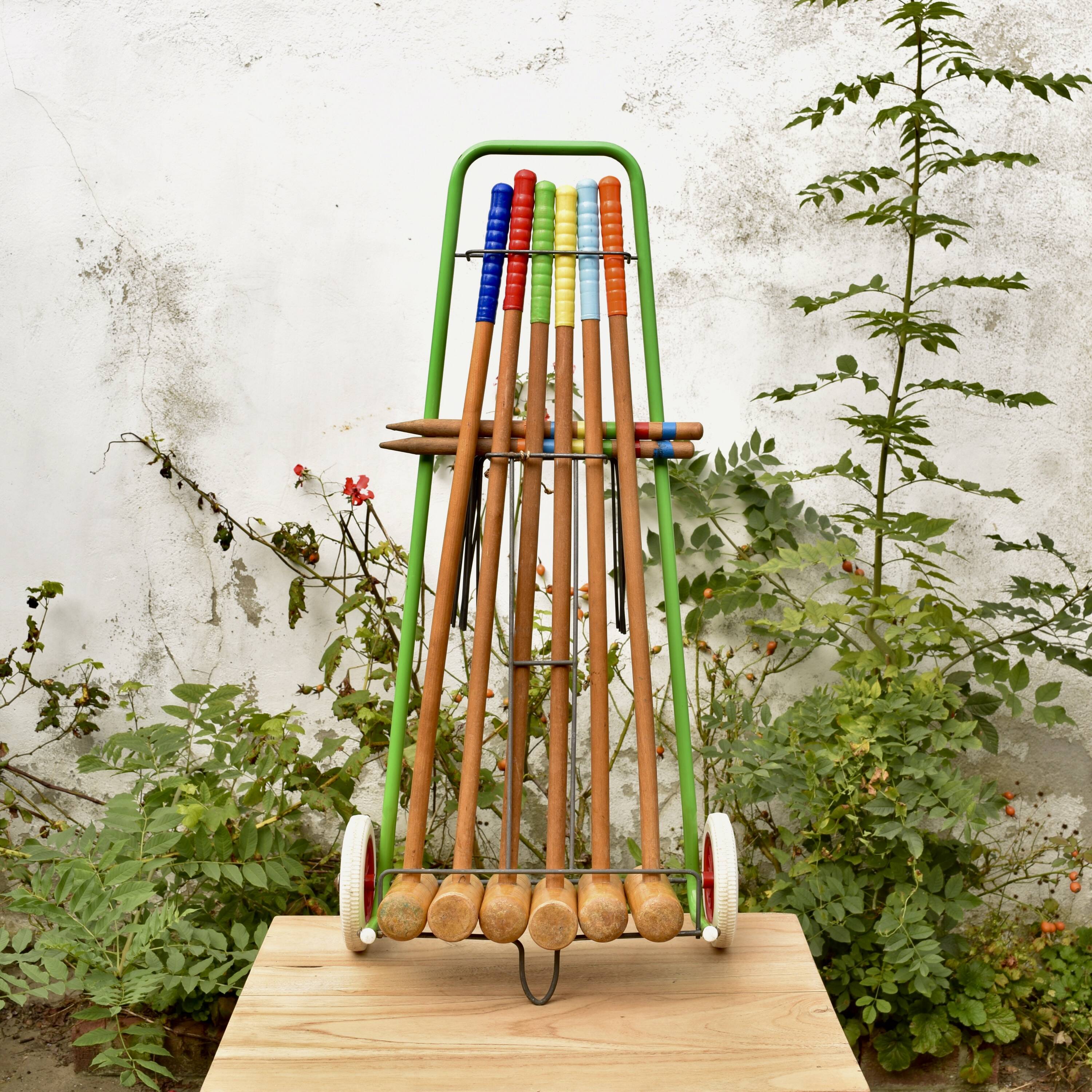Old large wooden croquet game - metal cart - 1970