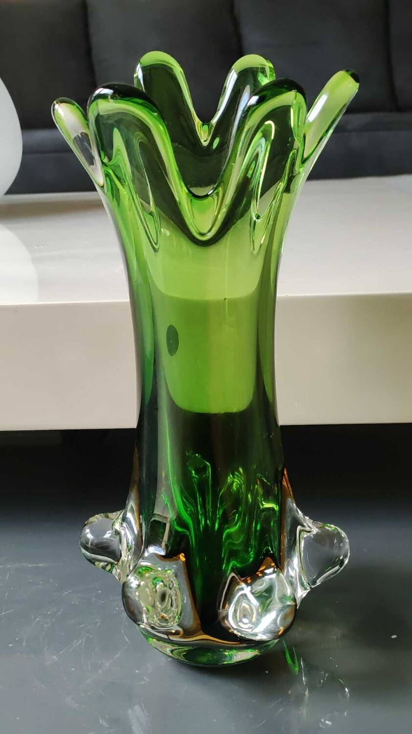 Murano/Flavio Poli vase. Blown art glass, green/amber tones. Organic floral shape. Height 28 cm