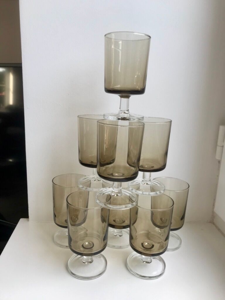 Set of 8 70s smoked glass wine glasses