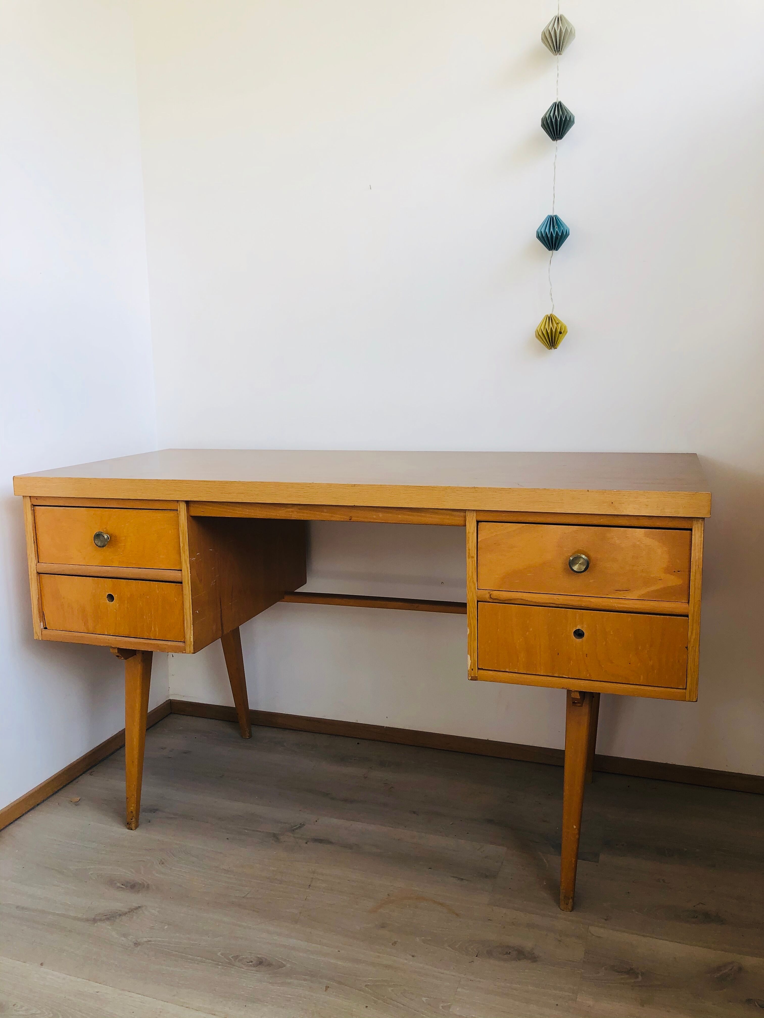60s office in honey wood and formica moka compass feet