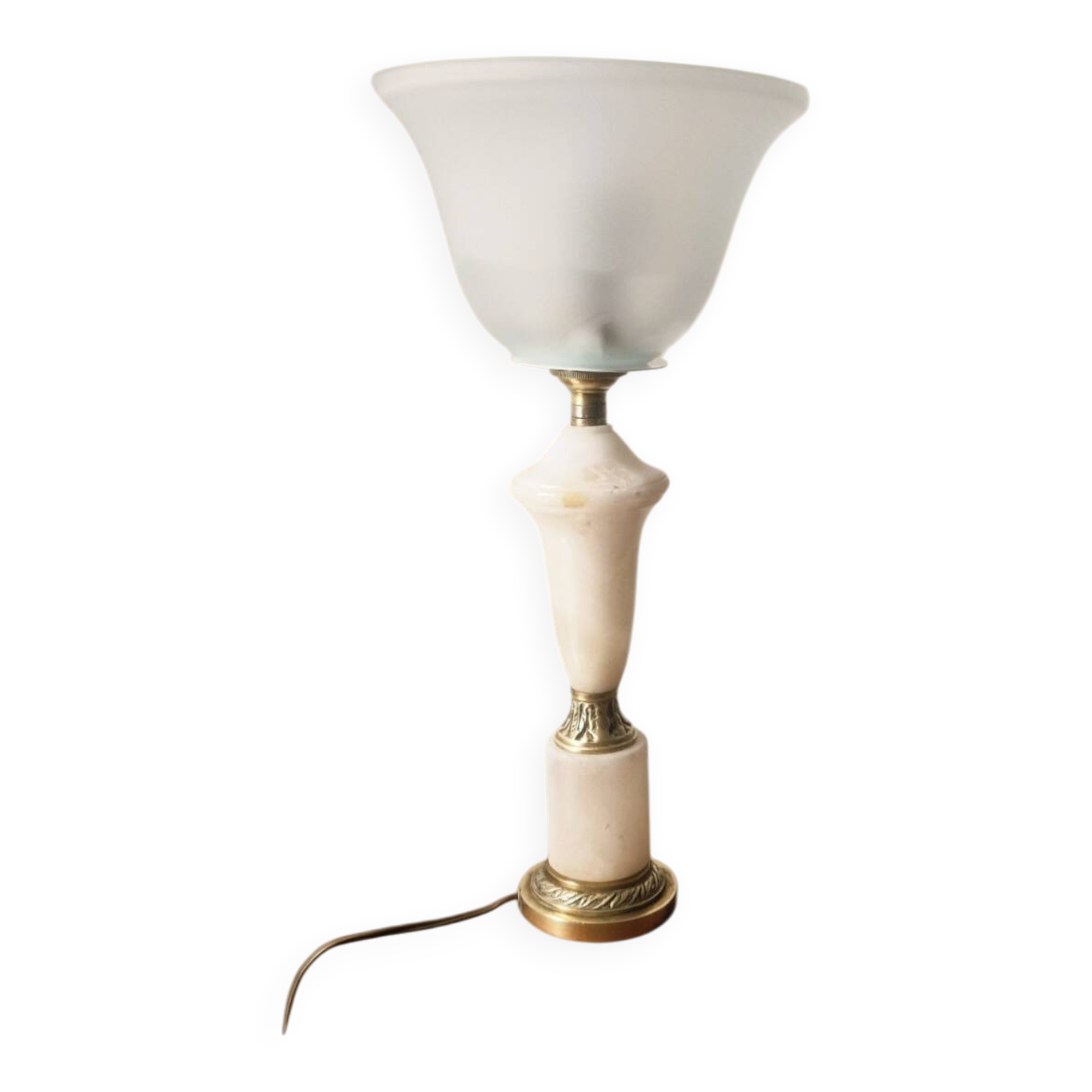 Neo-Empire style table lamp in alabaster and brass - V-shaped tulip shade