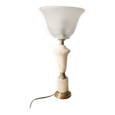 Neo-Empire style table lamp in alabaster and brass - V-shaped tulip shade