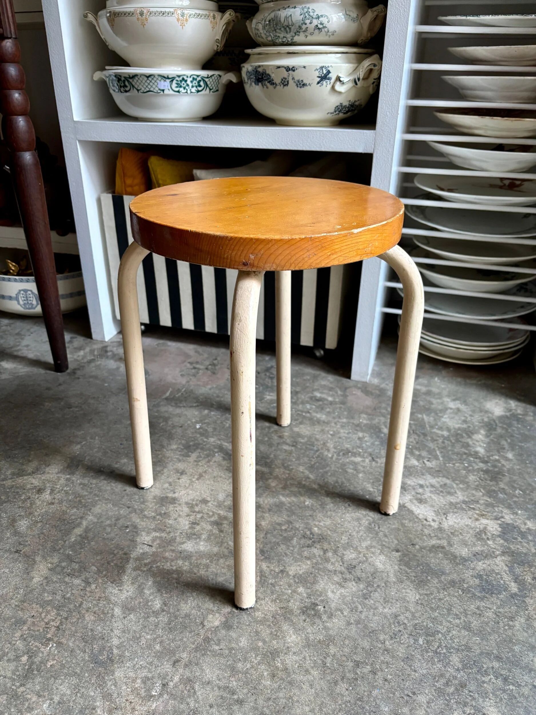 Wood and white metal stool