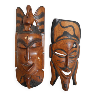 Pair of African wooden masks, vintage decoration, wooden African masks, 70s/80s