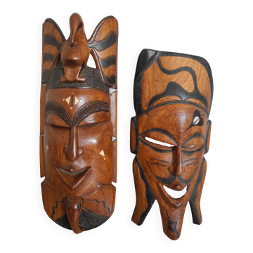 Paire masques africains bois déco vintage wooden african masks 70s/80s