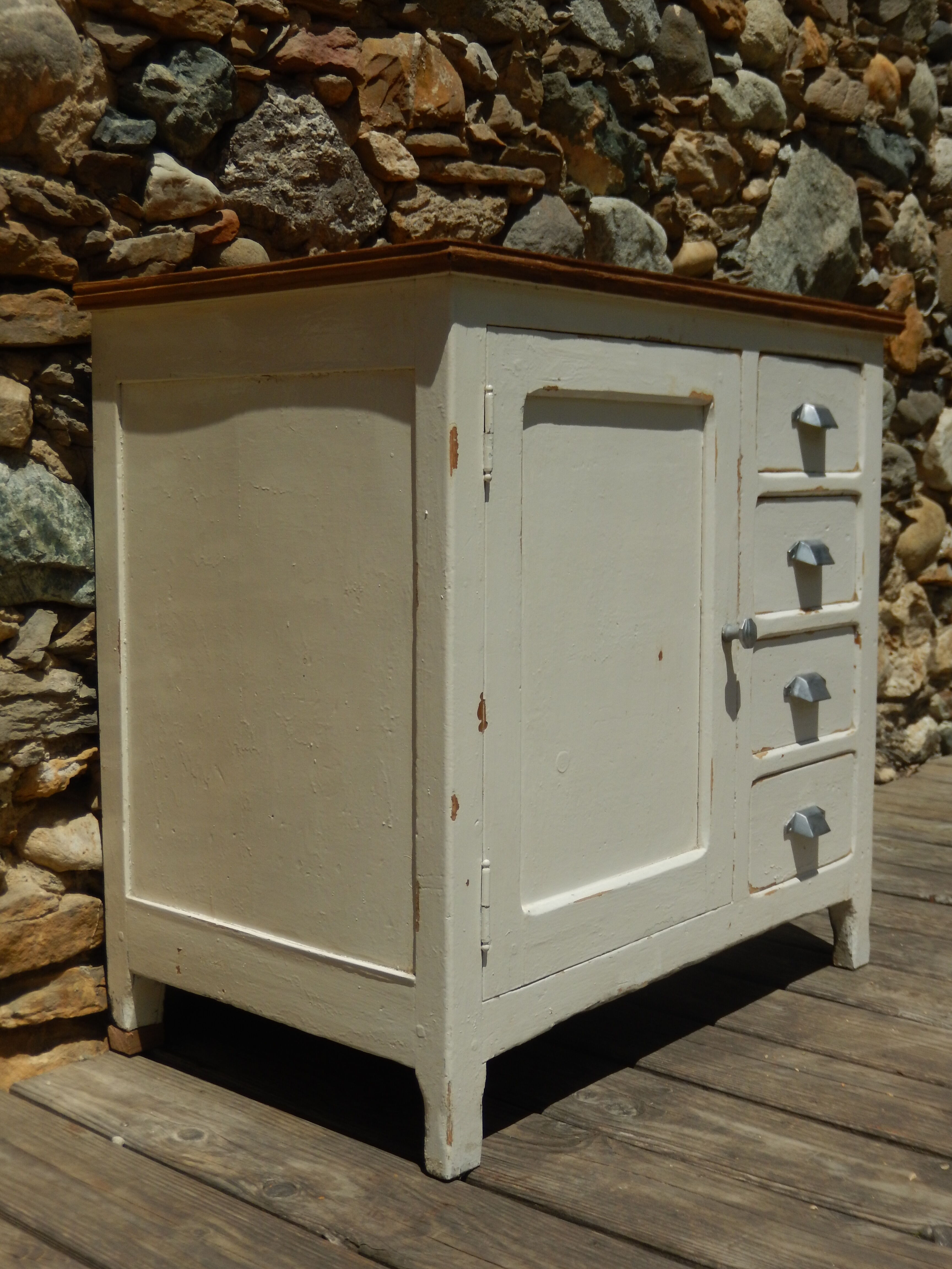 Antique sideboard / charming solid pine workshop furniture with a patina.
