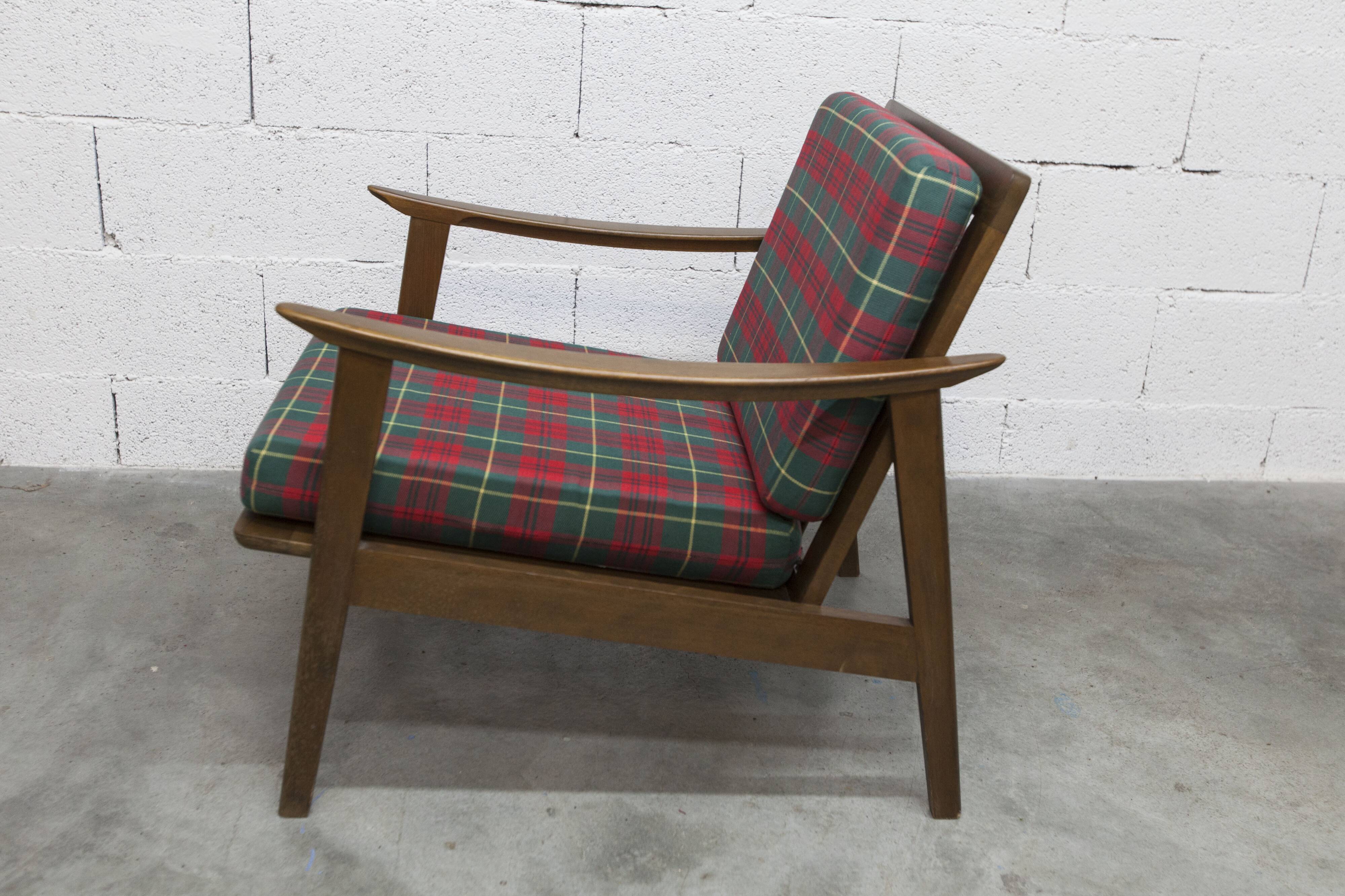 Scandinavian teak armchair, 1960s, demountable, with tartan fabric