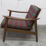 Scandinavian teak armchair, 1960s, demountable, with tartan fabric