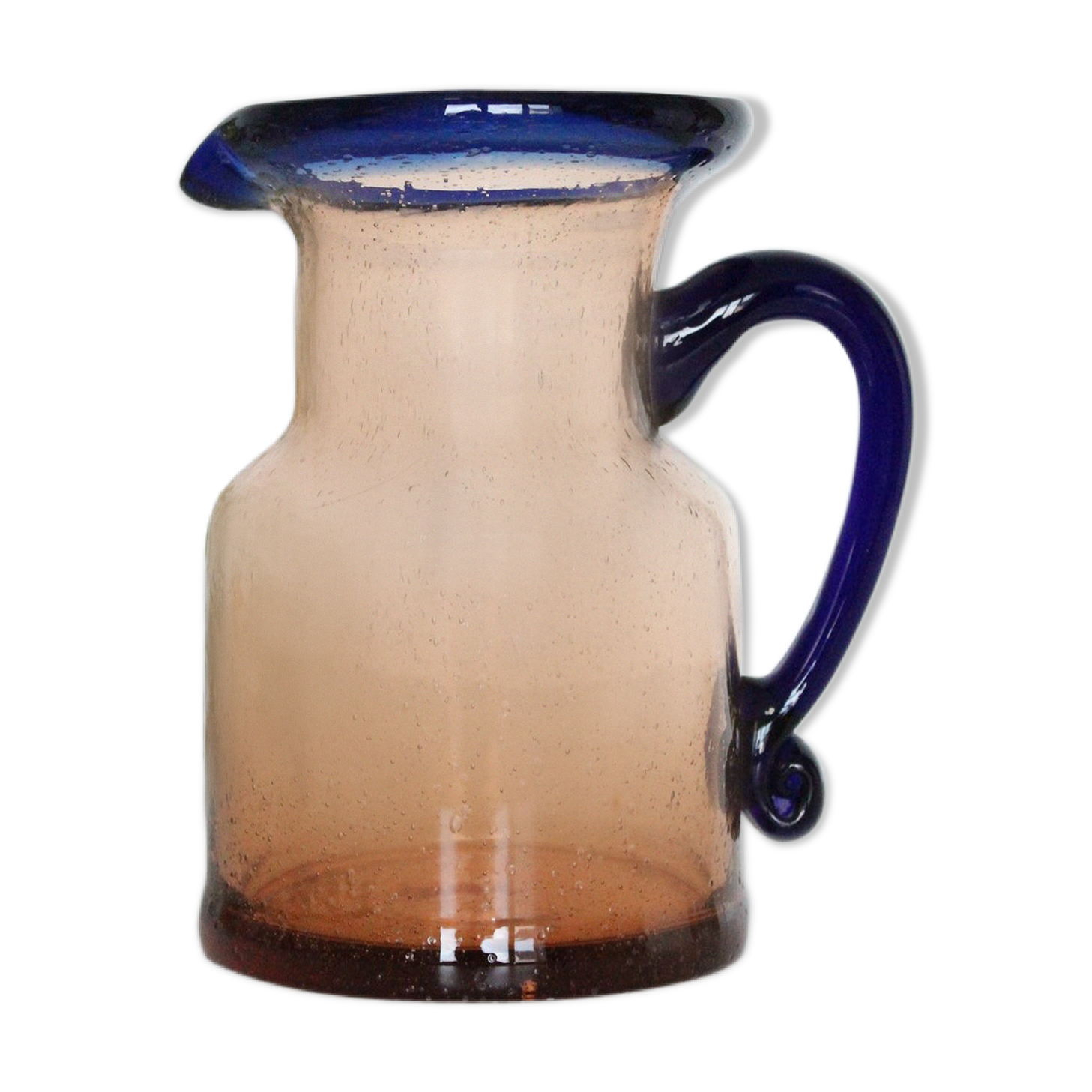 Bubble glass jug made by French craftsmen, blue and orange