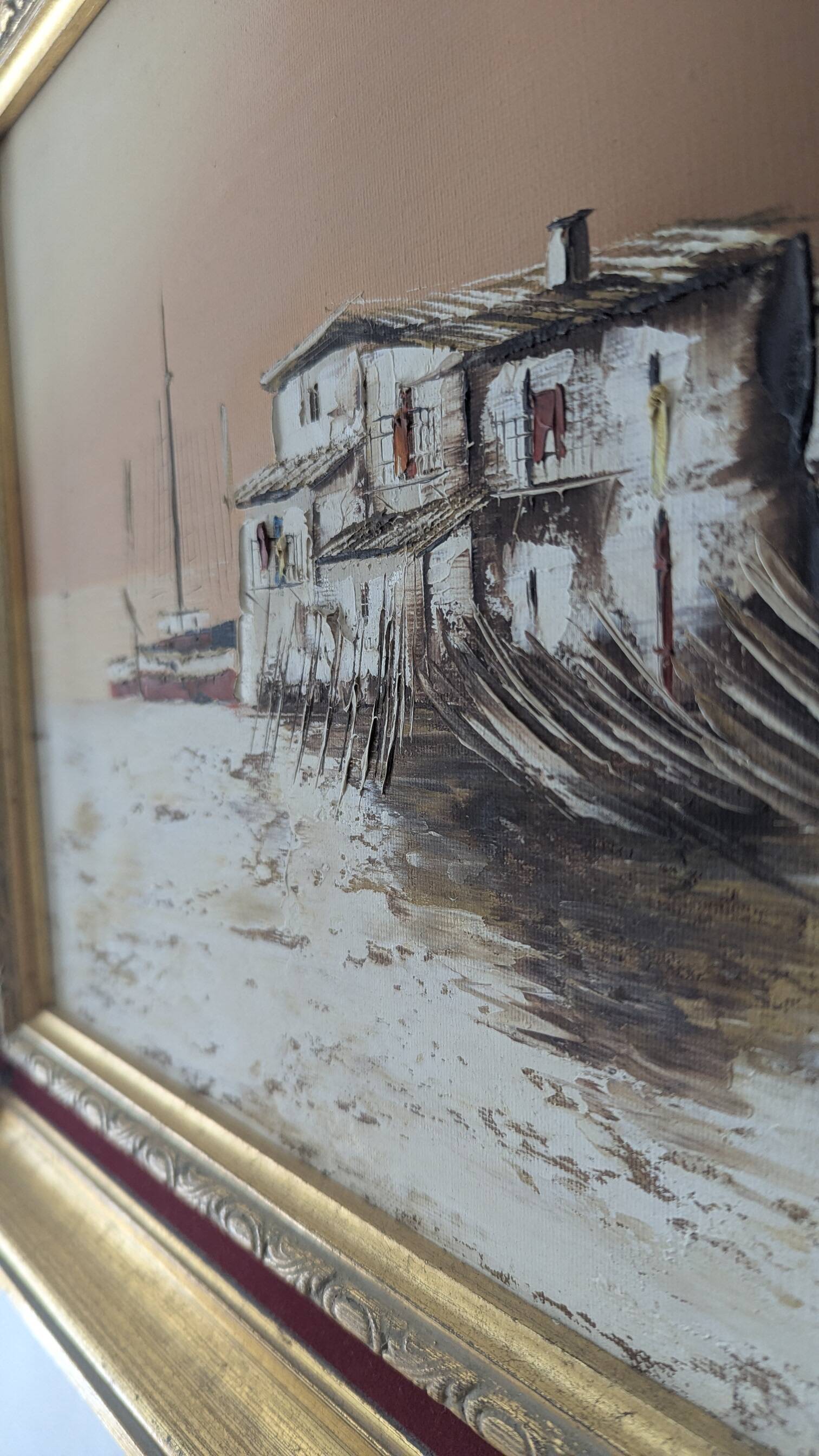 Peinture à l'huile vintage sur toile – Paysage de port et pêche – Signée No
